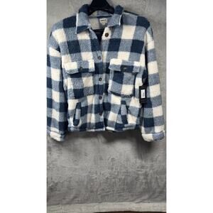 Hurley Women Plush Fleece Shacket Jacket Sz L Blue White Plaid Button Up Pockets